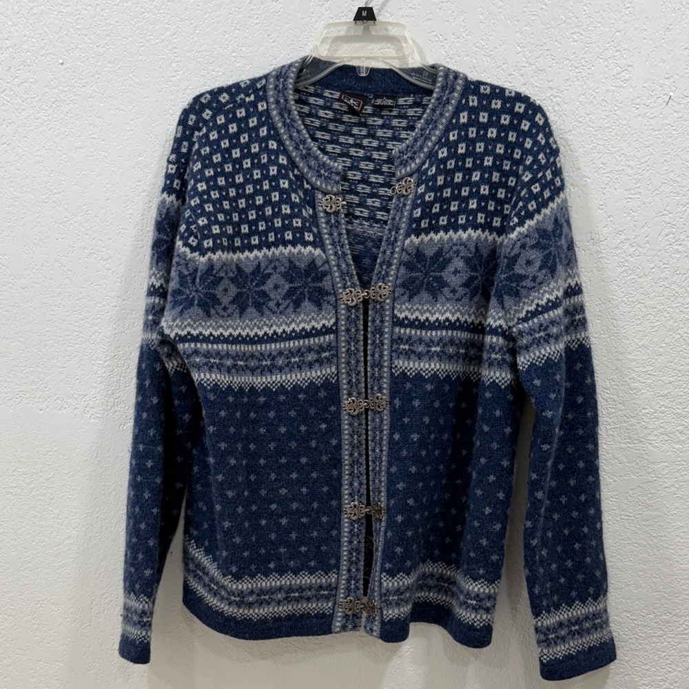 SKYR Nordic 100% Wool Navy and Cream Cardigan Sweater Size Large